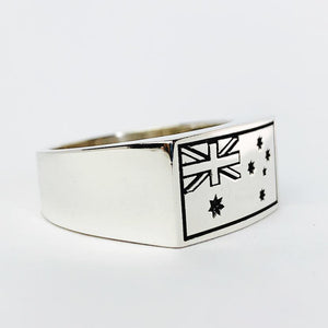 Australian Flag Gents Ring Engraved - Solid Sterling Silver